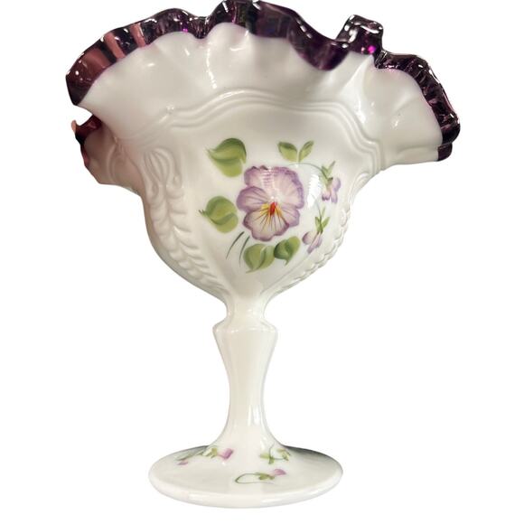 Fenton Amethyst Purple Crest Hand Painted Pansies Compote Signed - Picture 3 of 5